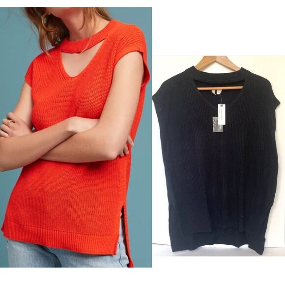 Anthropologie Sweater Tee Tunic Womens Large Black Cap Sleeve Vneck Knit Tunic - Picture 1 of 7